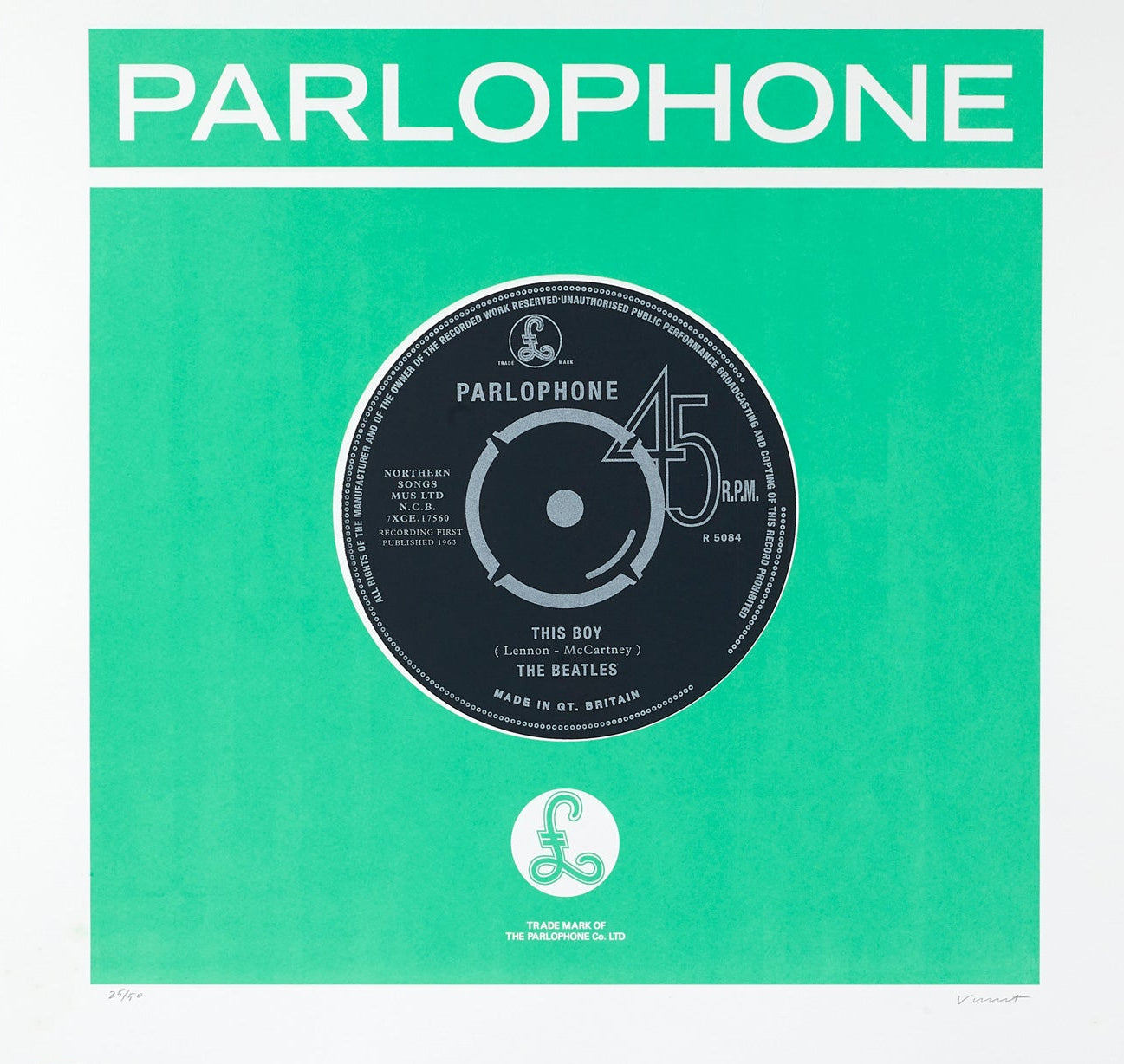 A print of a Parlophone record label with a vinyl record depicted, unframed