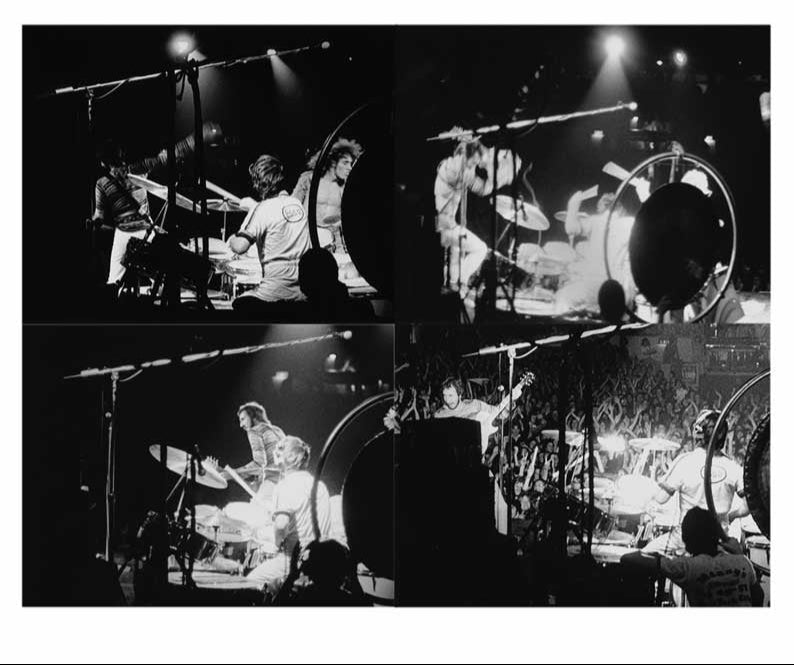 Collage of black and white images of The Who performing on stage.